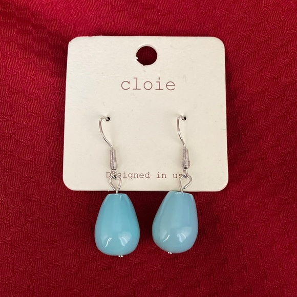 CLOIE dangling teardrop earrings, turquoise blue glass beads, designed in USA - Picture 1 of 2